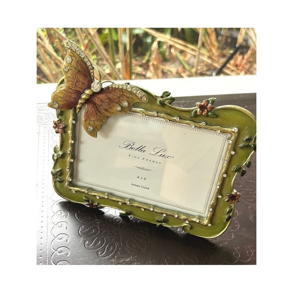 Bella Lux Butterfly Crystal Frame 4x6 Green Enamel Rhinestone Photo Frame - Picture 2 of 5